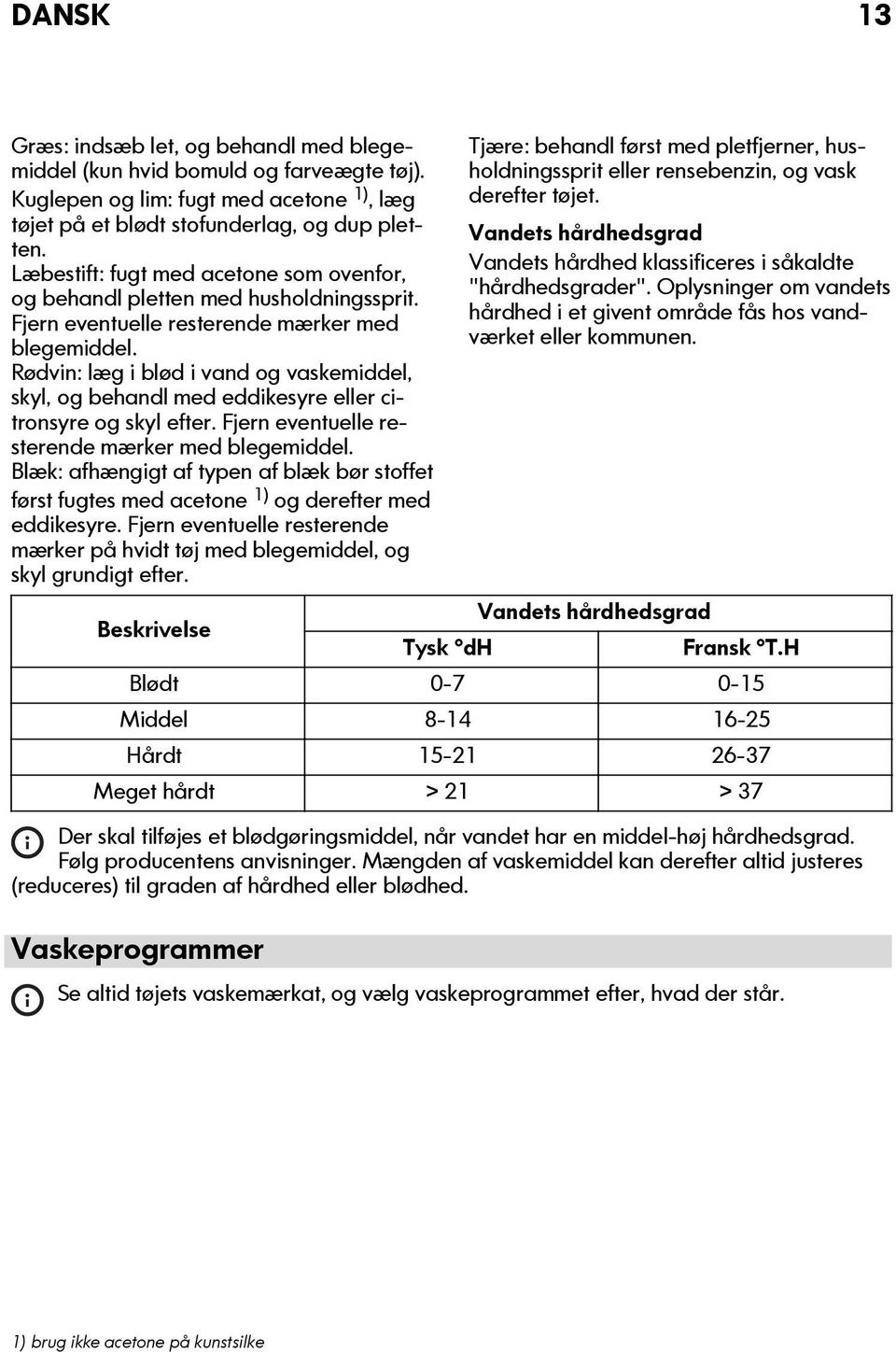 Rødvin: læg i blød i vand og vaskemiddel, skyl, og behandl med eddikesyre eller citronsyre og skyl efter. Fjern eventuelle resterende mærker med blegemiddel.