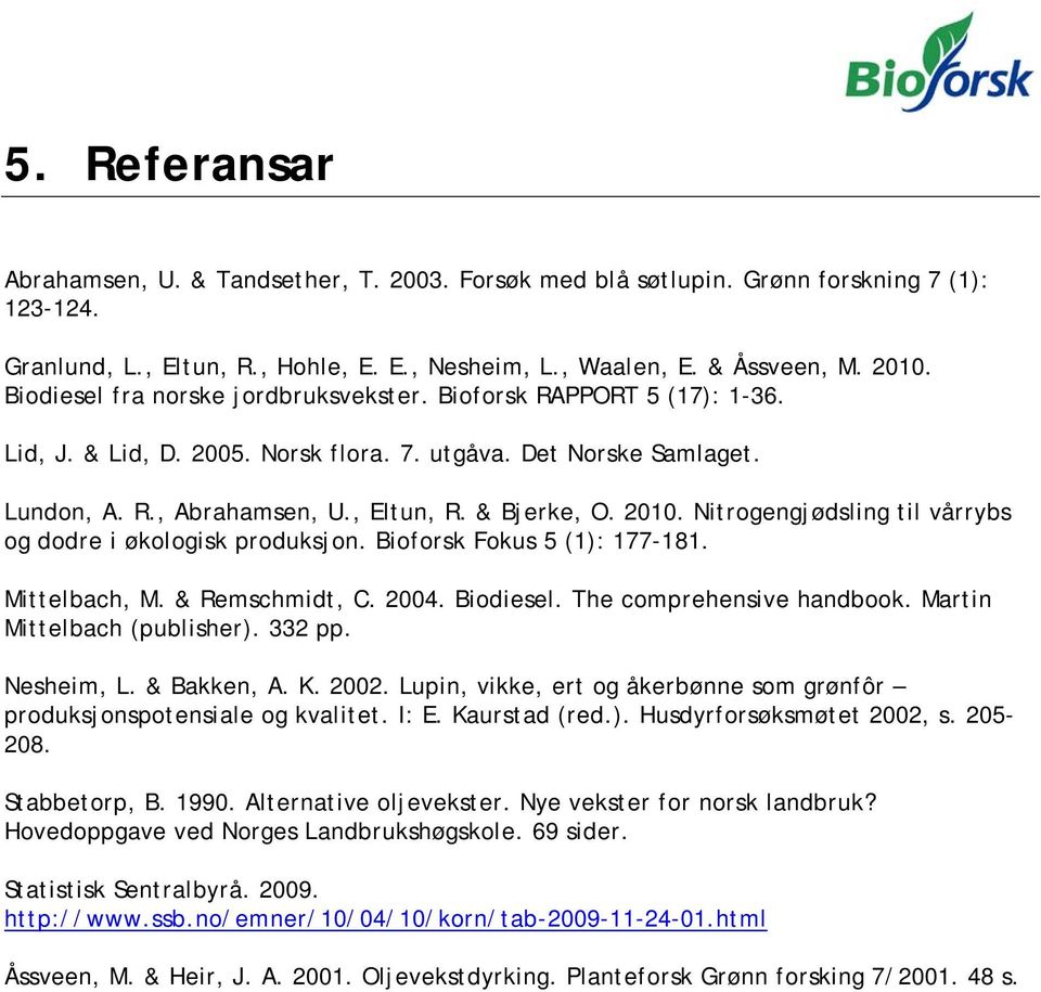 Nitrogengjødsling til vårrybs og dodre i økologisk produksjon. Bioforsk Fokus 5 (1): 177-181. Mittelbach, M. & Remschmidt, C. 2004. Biodiesel. The comprehensive handbook.