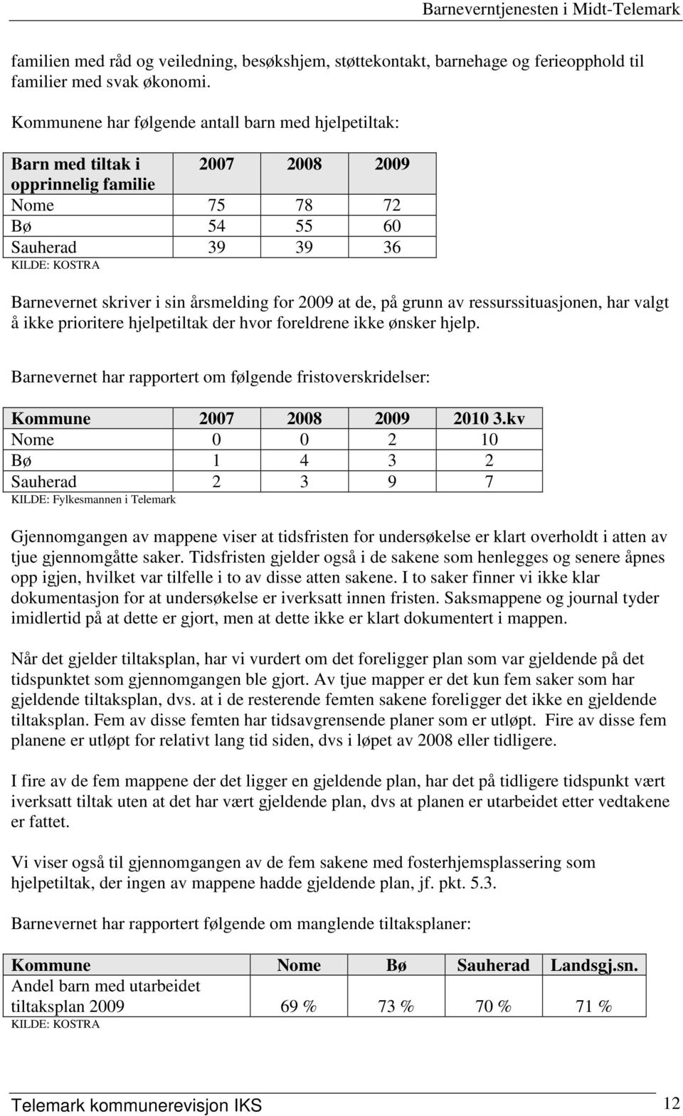 årsmelding for 2009 at de, på grunn av ressurssituasjonen, har valgt å ikke prioritere hjelpetiltak der hvor foreldrene ikke ønsker hjelp.