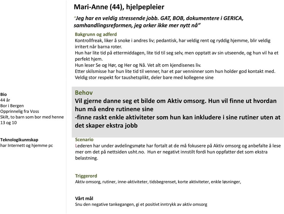 irritert når barna roter. Hun har lite tid på ettermiddagen, lite tid til seg selv, men opptatt av sin utseende, og hun vil ha et perfekt hjem. Hun leser Se og Hør, og Her og Nå.