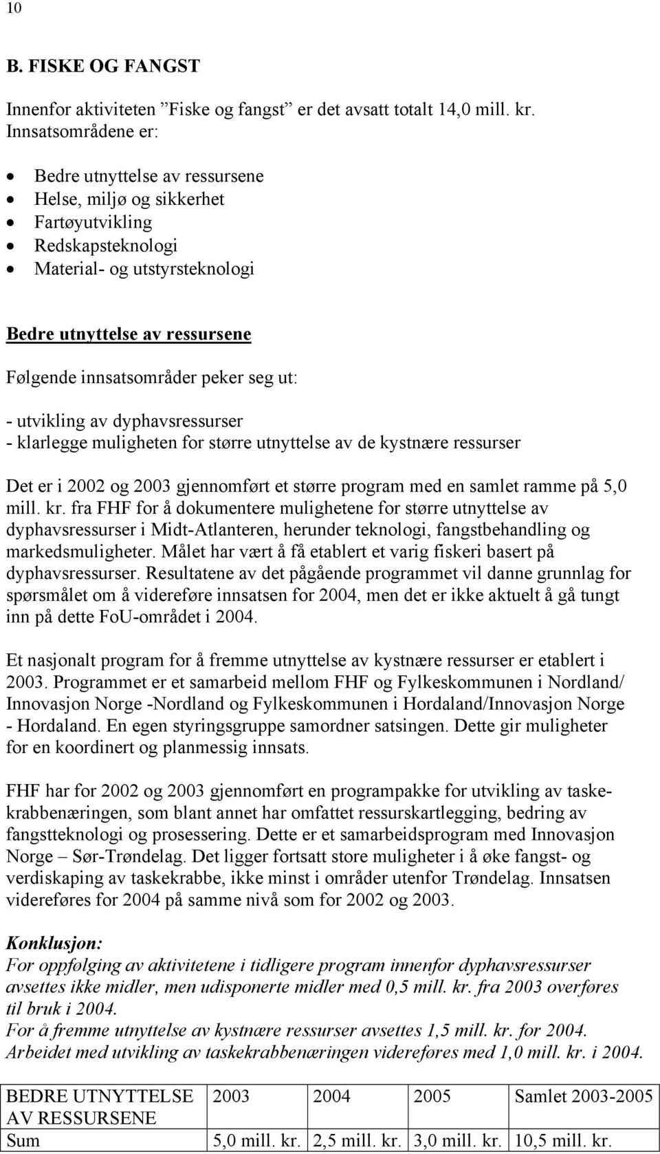 dyphavsressurser - klarlegge muligheten for større utnyttelse av de kystnære ressurser Det er i 2002 og 2003 gjennomført et større program med en samlet ramme på 5,0 mill. kr.