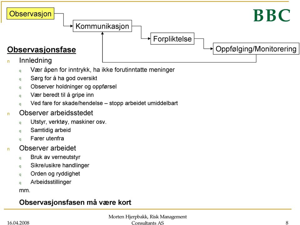 umiddelbart Observer arbeidsstedet Utstyr, verktøy, maskiner osv. Samtidig arbeid Farer utenfra Observer arbeidet mm.