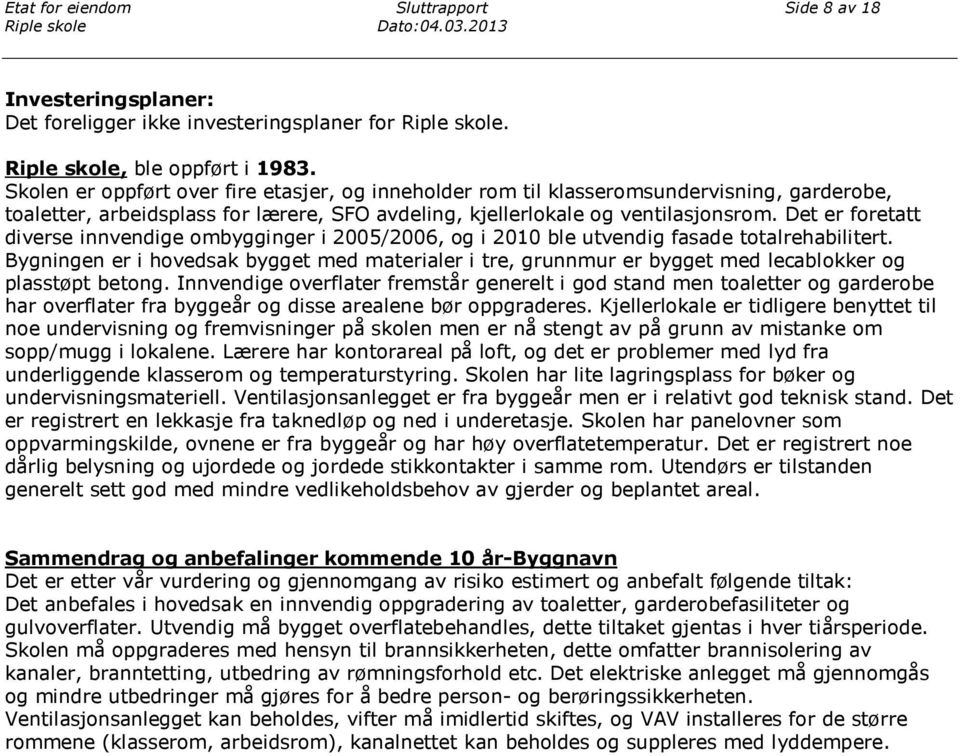 Det er foretatt diverse innvendige ombygginger i 2005/2006, og i 2010 ble utvendig fasade totalrehabilitert.