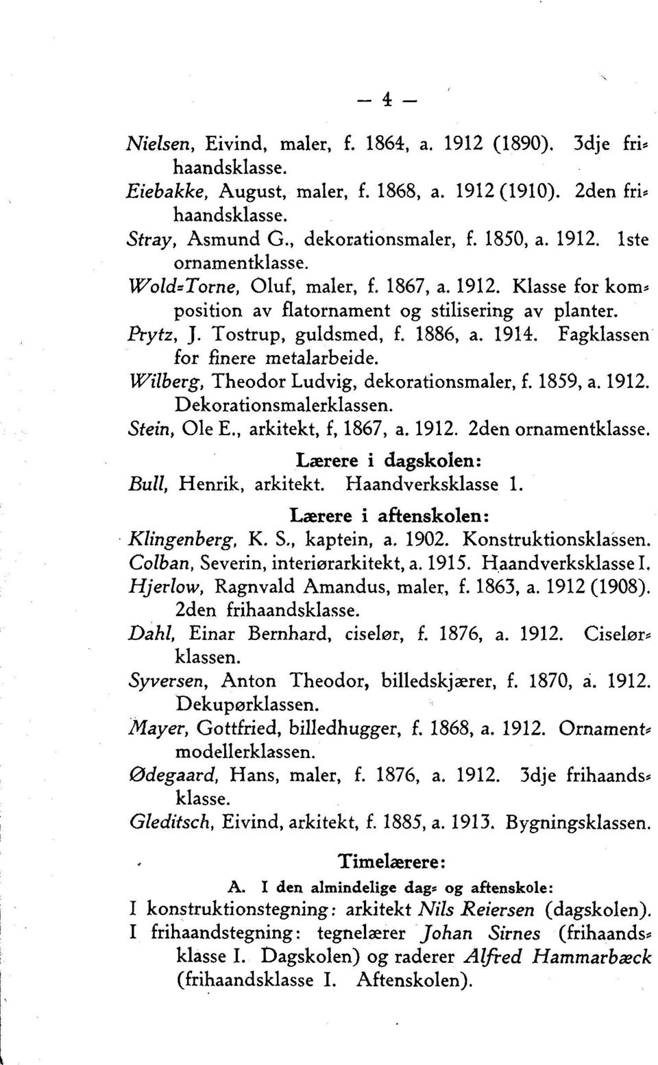 Wilberg, Theodor Ludvig, dekorationsmaler, f. 1859, a. 1912. Dekorationsmalerklassen. Stein, Ole E., arkitekt, f, 1867, a. 1912. 2den ornamentklasse. Lærere i dagskolen: Bull, Henrik, arkitekt.