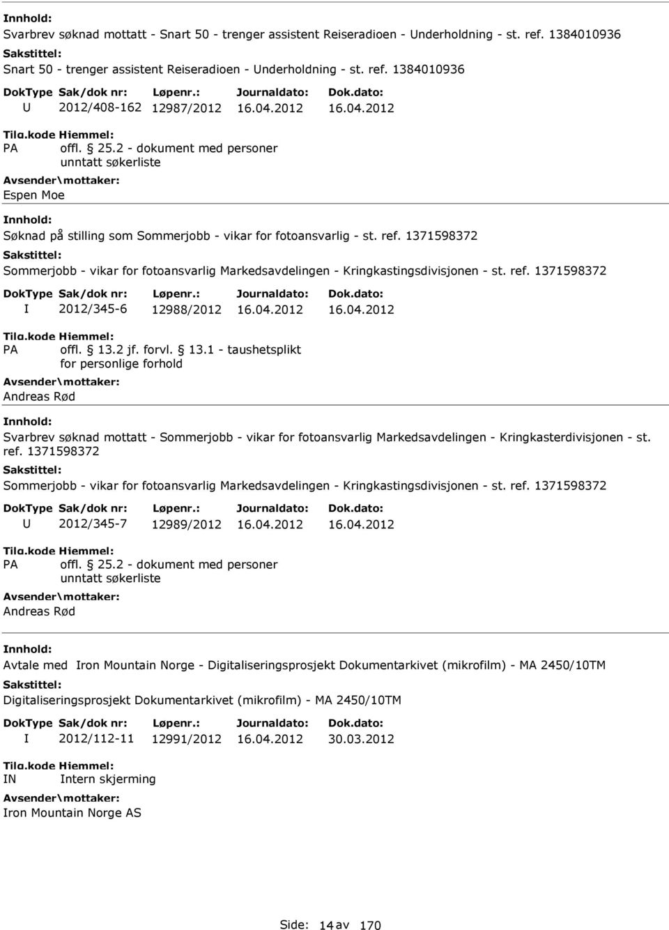 ref. 1371598372 2012/345-6 12988/2012 Andreas Rød Svarbrev søknad mottatt - Sommerjobb - vikar for fotoansvarlig Markedsavdelingen - Kringkasterdivisjonen - st. ref.