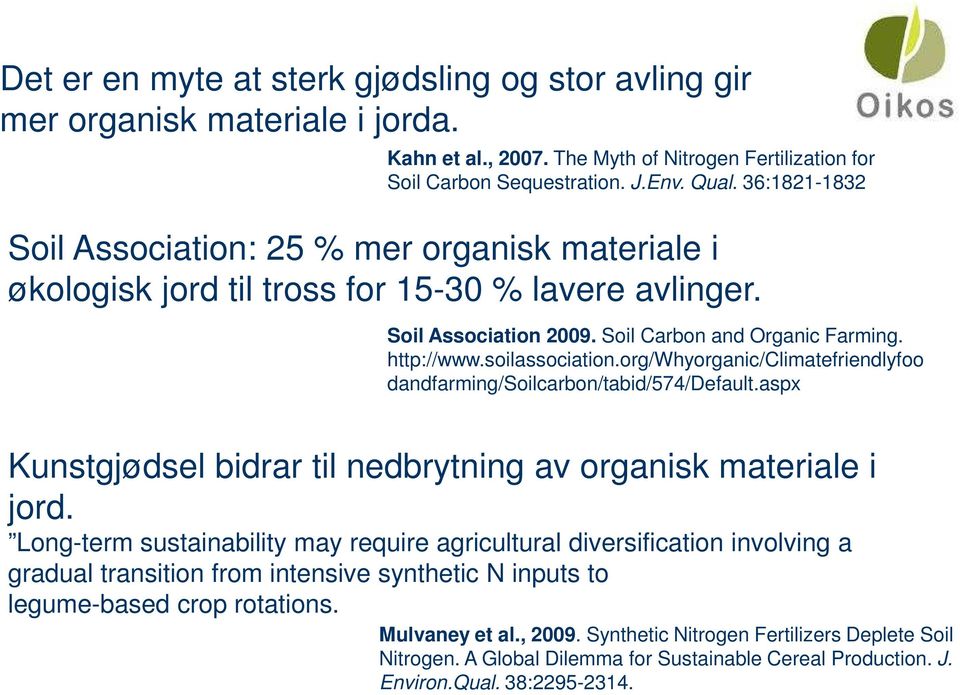 org/whyorganic/climatefriendlyfoo dandfarming/soilcarbon/tabid/574/default.aspx Kunstgjødsel bidrar til nedbrytning av organisk materiale i jord.