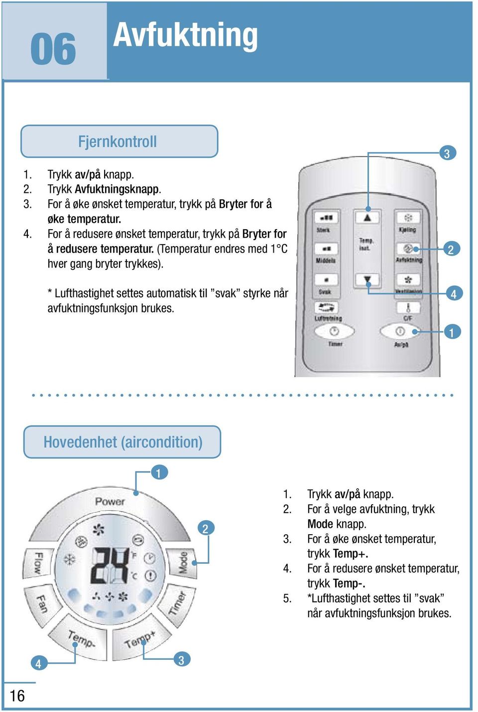 * Lufthastighet settes automatisk til svak styrke når avfuktningsfunksjon brukes. 3 2 4 1 Hovedenhet (aircondition) 1 2 1. 3. 4. 5. Trykk av/på knapp.