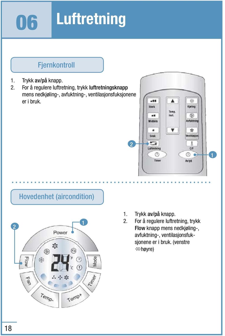 ventilasjonsfuksjonene er i bruk. 2 1 Hovedenhet (aircondition) 2 1 1.