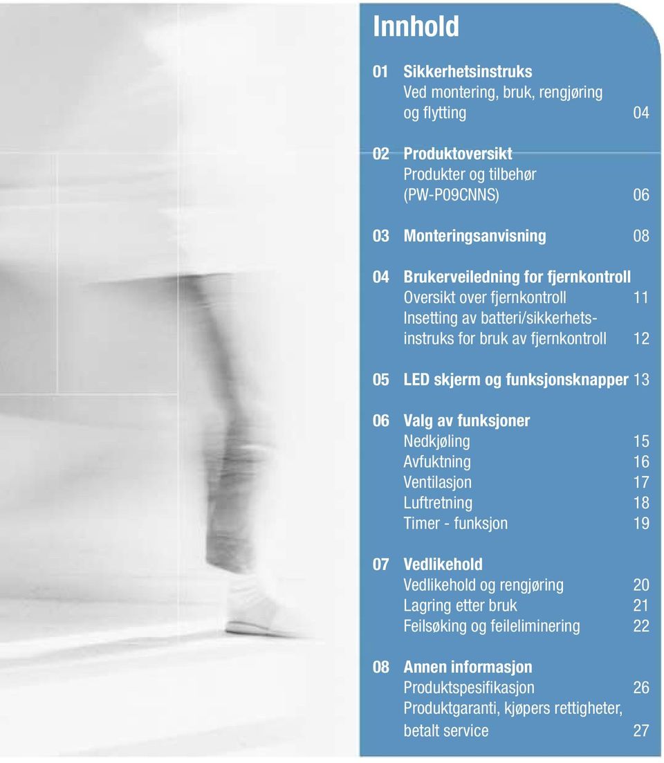 funksjonsknapper 13 06 Valg av funksjoner Nedkjøling 15 Avfuktning 16 Ventilasjon 17 Luftretning 18 Timer - funksjon 19 07 Vedlikehold Vedlikehold og