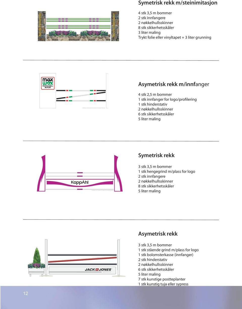 1 stk hinderstativ Symetrisk rekk 1 stk hengegrind m/plass for logo 2 stk innfangere Forslag til hinderdesign for Asymetrisk rekk 1