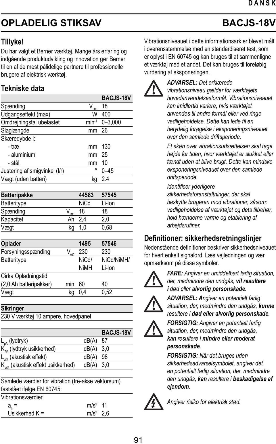 Tekniske data BACJS-18V Spænding V DC 18 Udgangseffekt (max) W 400 Omdrejningstal ubelastet min -1 0 3,000 Slaglængde mm 26 Skæredybde i: - træ mm 130 - aluminium mm 25 - stål mm 10 Justering af