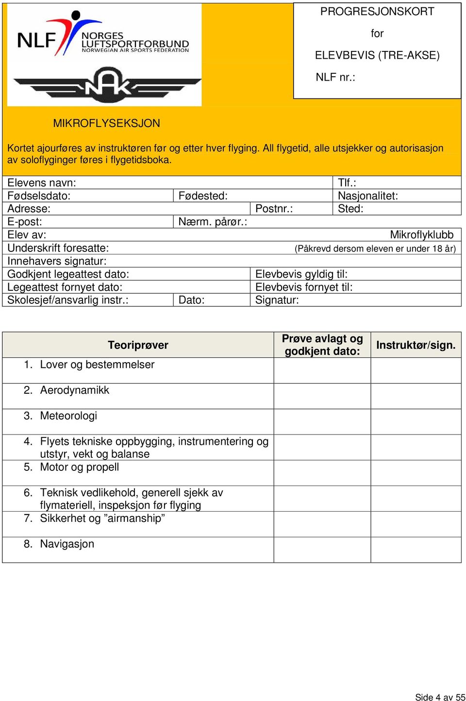: Elev av: Mikroflyklubb Underskrift foresatte: (Påkrevd dersom eleven er under 18 år) Innehavers signatur: Godkjent legeattest dato: Elevbevis gyldig til: Legeattest fornyet dato: Elevbevis fornyet