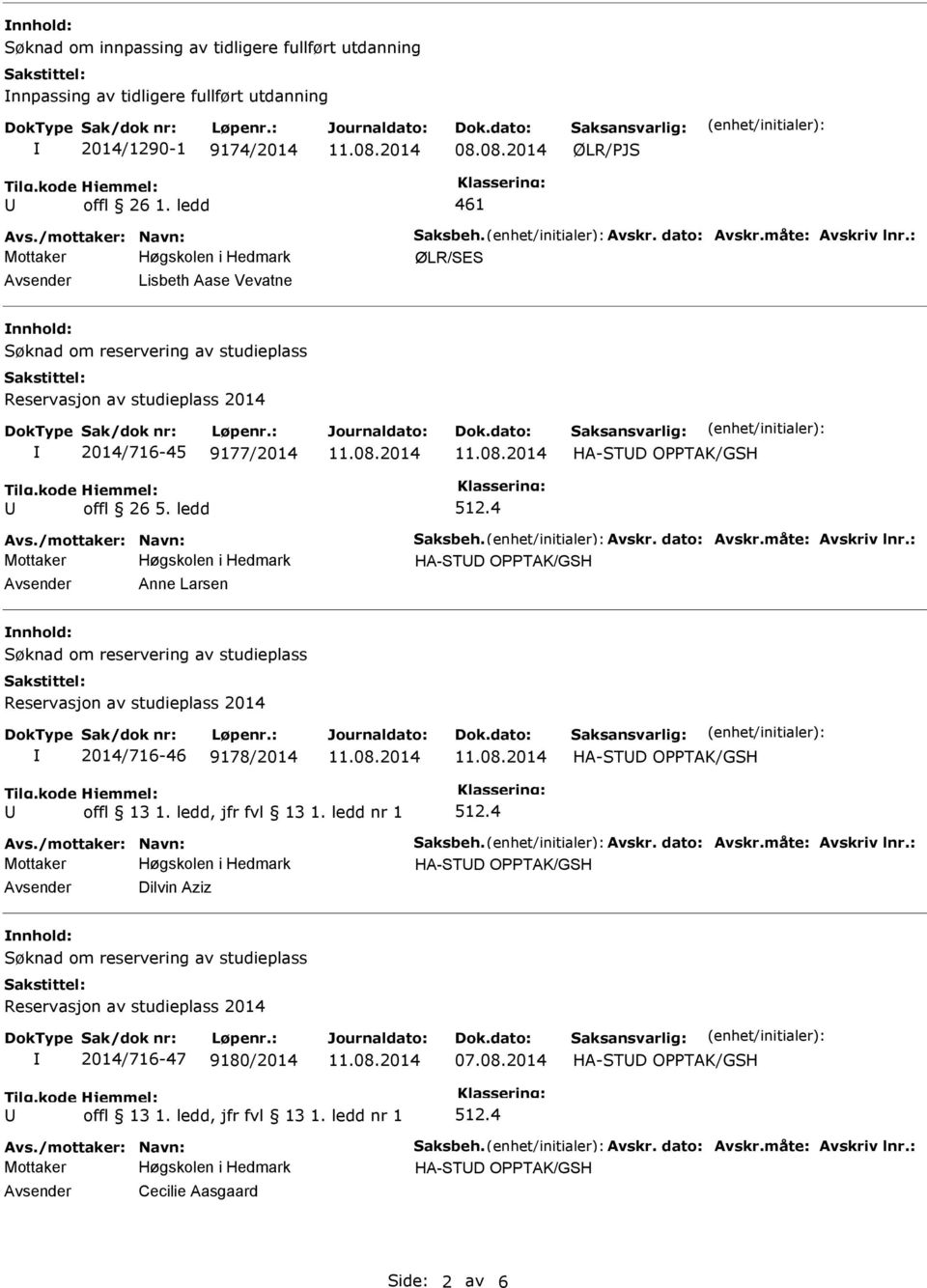 ledd 461 Mottaker ØLR/SES Lisbeth Aase Vevatne 2014/716-45 9177/2014 offl 26 5.