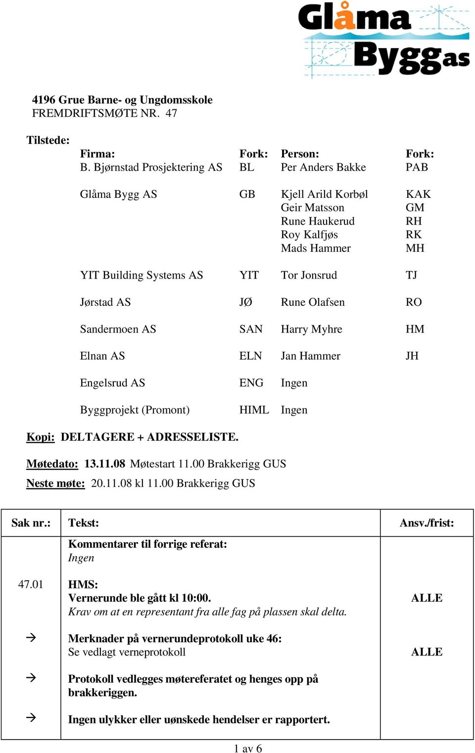 Jørstad AS JØ Rune Olafsen RO Sandermoen AS SAN Harry Myhre HM Elnan AS ELN Jan Hammer JH Engelsrud AS Byggprojekt (Promont) Kopi: DELTAGERE + ADRESSELISTE. ENG HIML Ingen Ingen Møtedato: 13.11.