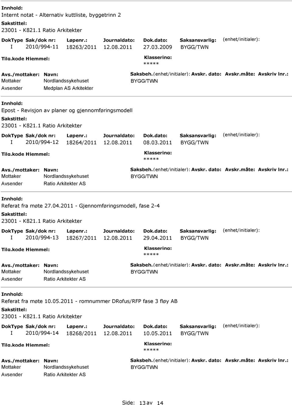 måte: Avskriv lnr.: Ratio Arkitekter AS Referat fra møte 27.04.2011 - Gjennomføringsmodell, fase 2-4 23001 - K821.1 Ratio Arkitekter 2010/994-13 18267/2011 29.04.2011 Avs./mottaker: Navn: Saksbeh.