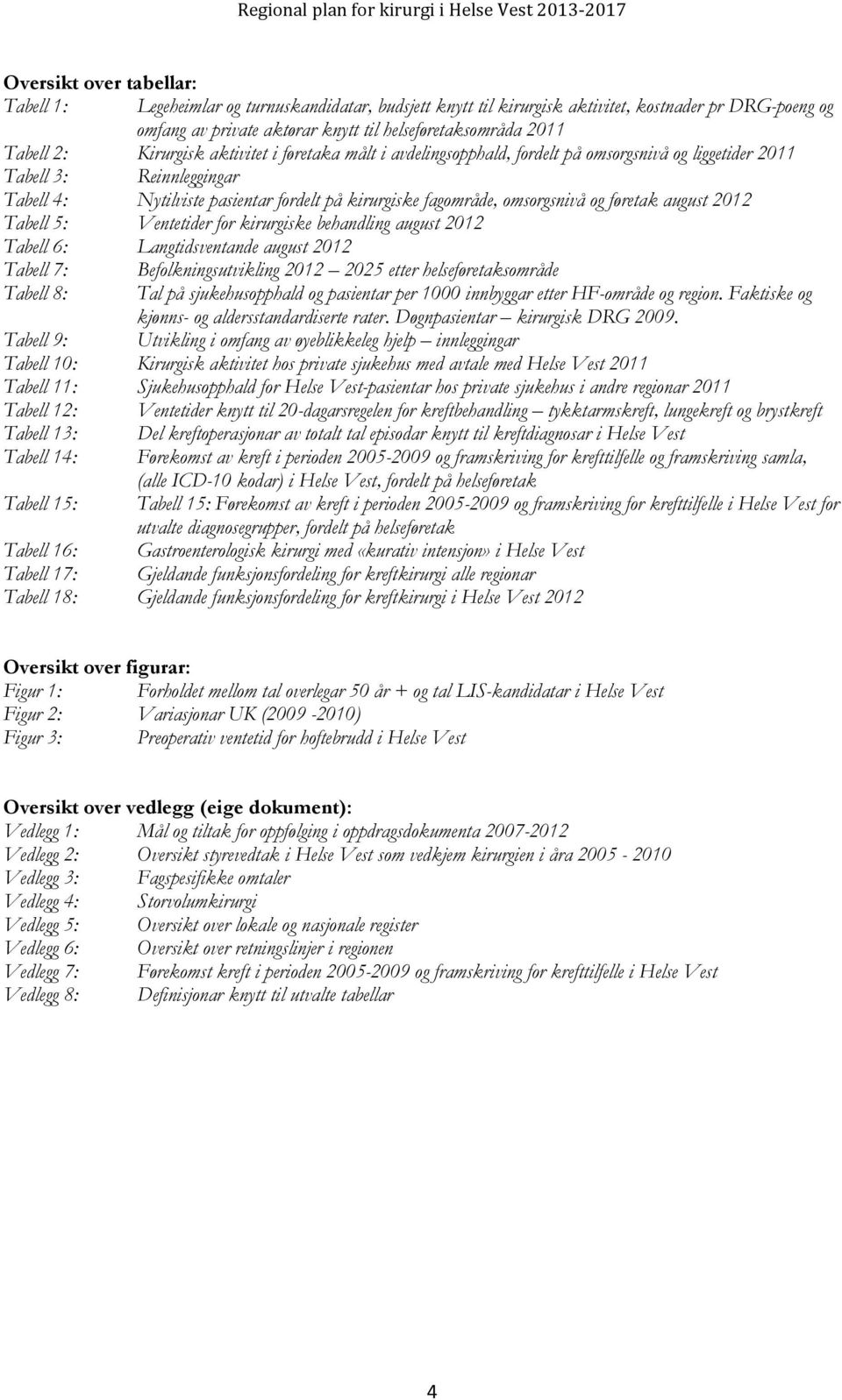 omsorgsnivå og føretak august 2012 Tabell 5: Ventetider for kirurgiske behandling august 2012 Tabell 6: Langtidsventande august 2012 Tabell 7: Befolkningsutvikling 2012 2025 etter helseføretaksområde