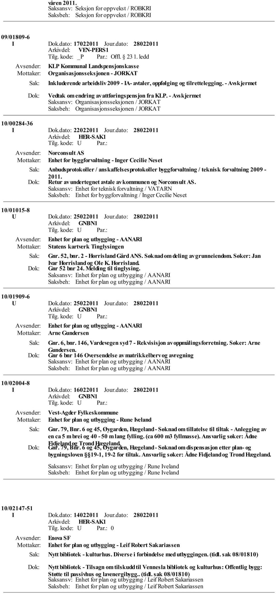 - Saksansv: Organisasjonsseksjonen / JORKAT Saksbeh: Organisasjonsseksjonen / JORKAT 10/00284-36 I Dok.dato: 22022011 Jour.