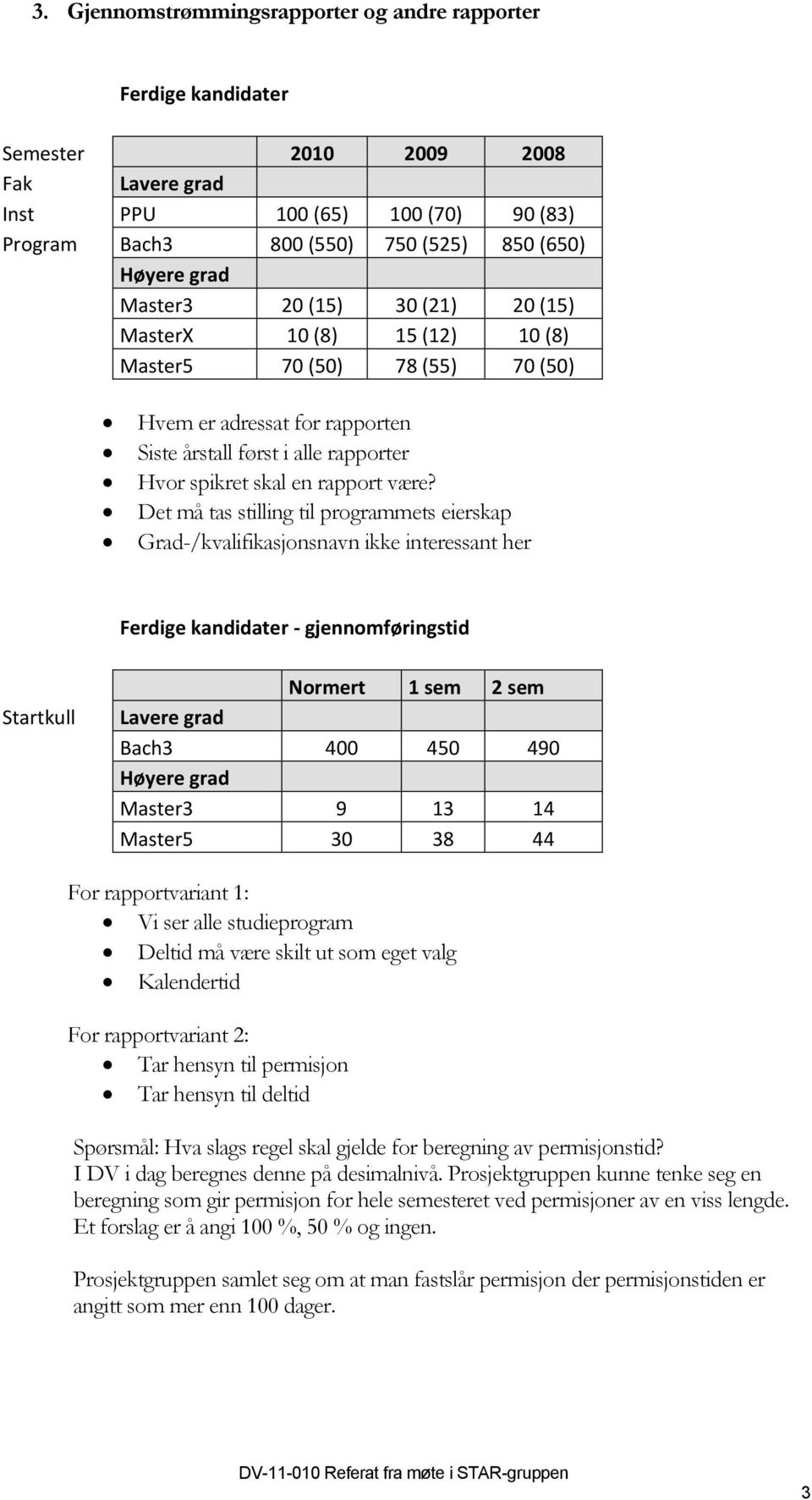 Det må tas stilling til programmets eierskap Grad-/kvalifikasjonsnavn ikke interessant her Ferdige kandidater - gjennomføringstid Startkull Normert 1 sem 2 sem Lavere grad Bach3 400 450 490 Master3 9