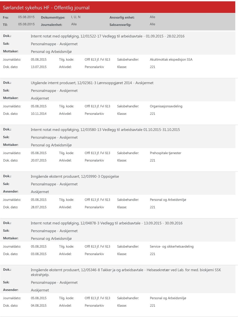 2014 Arkivdel: Personalarkiv Internt notat med oppfølging, 12/03580-13 Vedlegg til arbeidsavtale 01.10.2015-31.10.2015 Personalmappe - Prehospitale tjenester Dok. dato: 20.07.