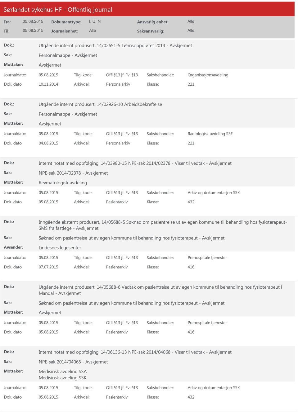 2015 Arkivdel: Personalarkiv Internt notat med oppfølging, 14/03980-15 NPE-sak 2014/02378 - Viser til vedtak - NPE-sak 2014/02378 - Revmatologisk avdeling Dok.