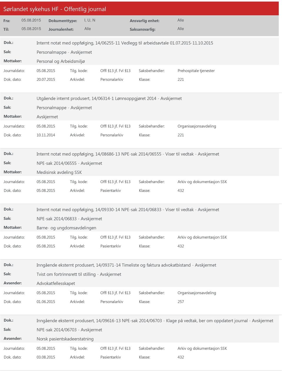 dato: Arkivdel: Pasientarkiv Internt notat med oppfølging, 14/09330-14 NPE-sak 2014/06833 - Viser til vedtak - NPE-sak 2014/06833 - Barne- og ungdomsavdelingen Dok.