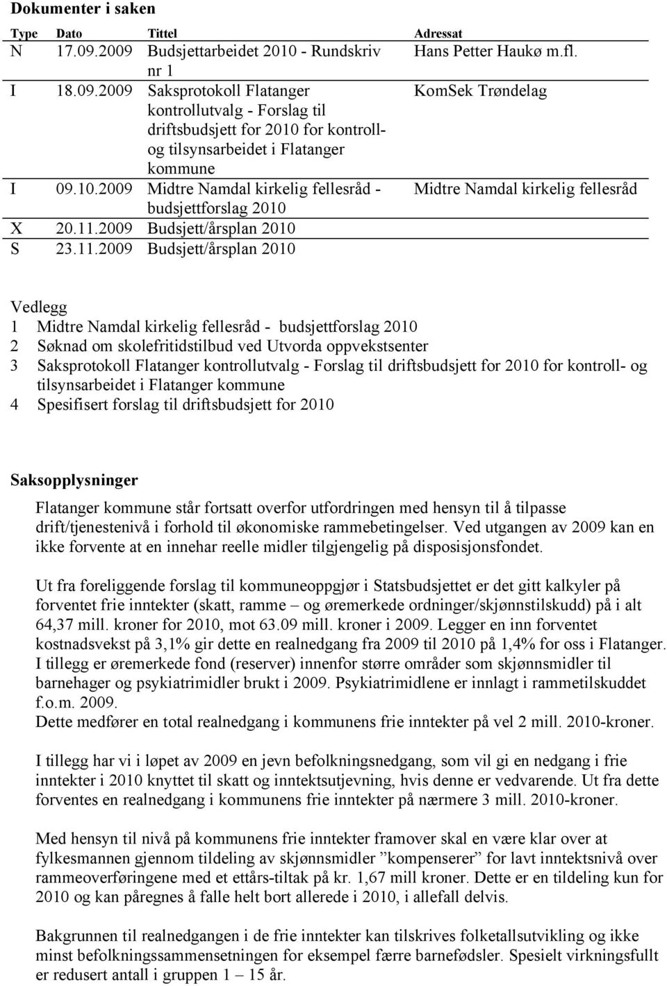 KomSek Trøndelag Midtre Namdal kirkelig fellesråd Vedlegg 1 Midtre Namdal kirkelig fellesråd - budsjettforslag 2010 2 Søknad om skolefritidstilbud ved Utvorda oppvekstsenter 3 Saksprotokoll Flatanger