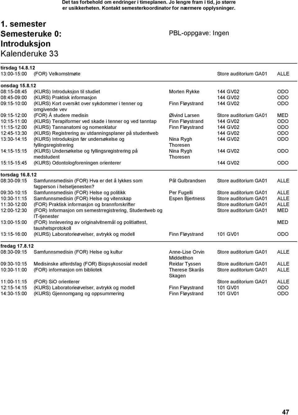 12 08:15-08:45 (KURS) Introduksjon til studiet Morten Rykke 144 GV02 ODO 08:45-09:00 (KURS) Praktisk informasjon 144 GV02 ODO 09:15-10:00 (KURS) Kort oversikt over sykdommer i tenner og Finn