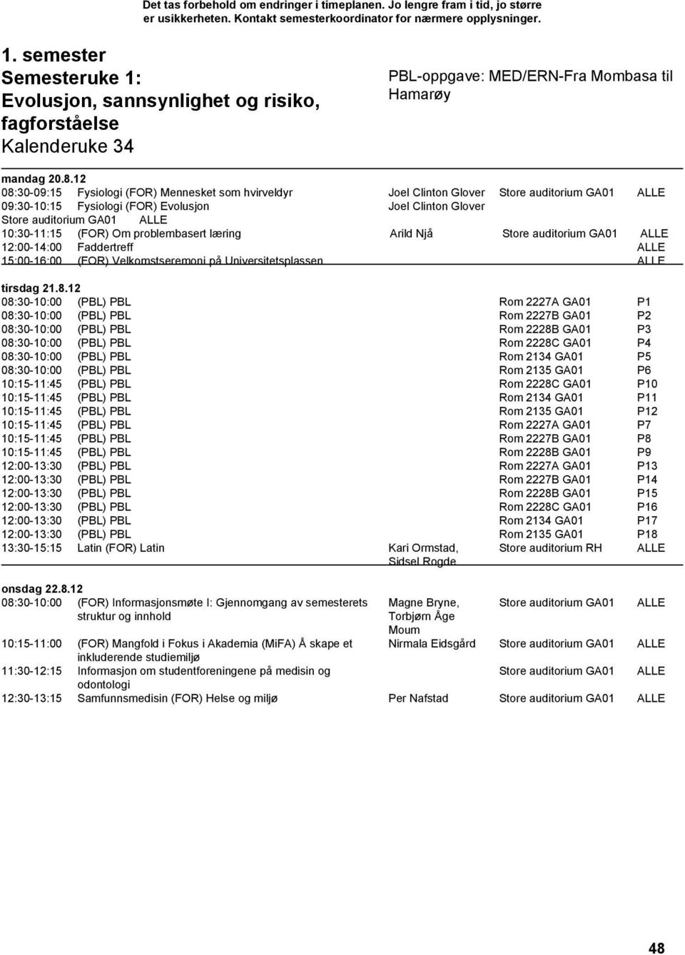 (FOR) Om problembasert læring Arild Njå Store auditorium GA01 ALLE 12:00-14:00 Faddertreff ALLE 15:00-16:00 (FOR) Velkomstseremoni på Universitetsplassen ALLE tirsdag 21.8.