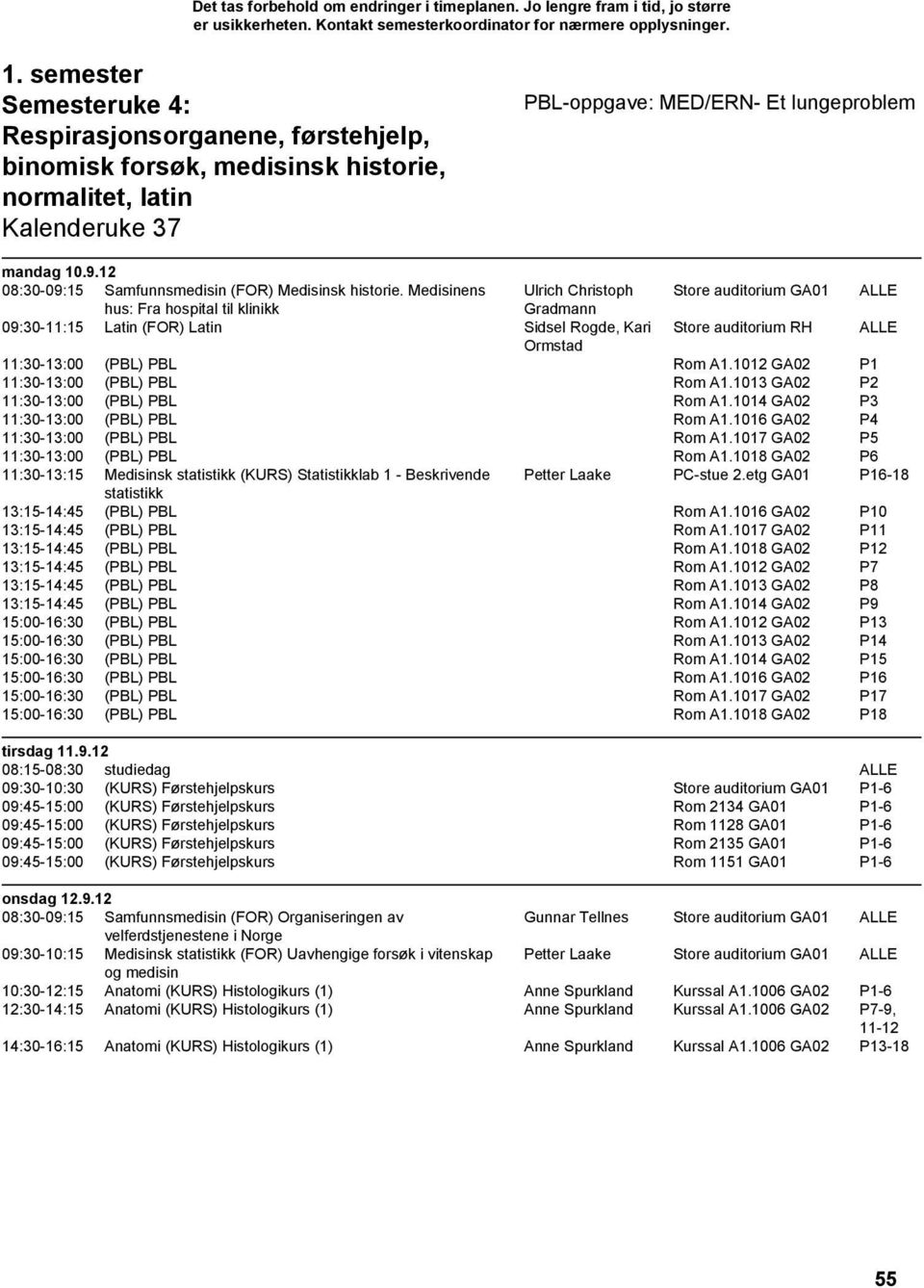 Medisinens Ulrich Christoph Store auditorium GA01 ALLE hus: Fra hospital til klinikk Gradmann 09:30-11:15 Latin (FOR) Latin Sidsel Rogde, Kari Store auditorium RH ALLE Ormstad 11:30-13:00 (PBL) PBL