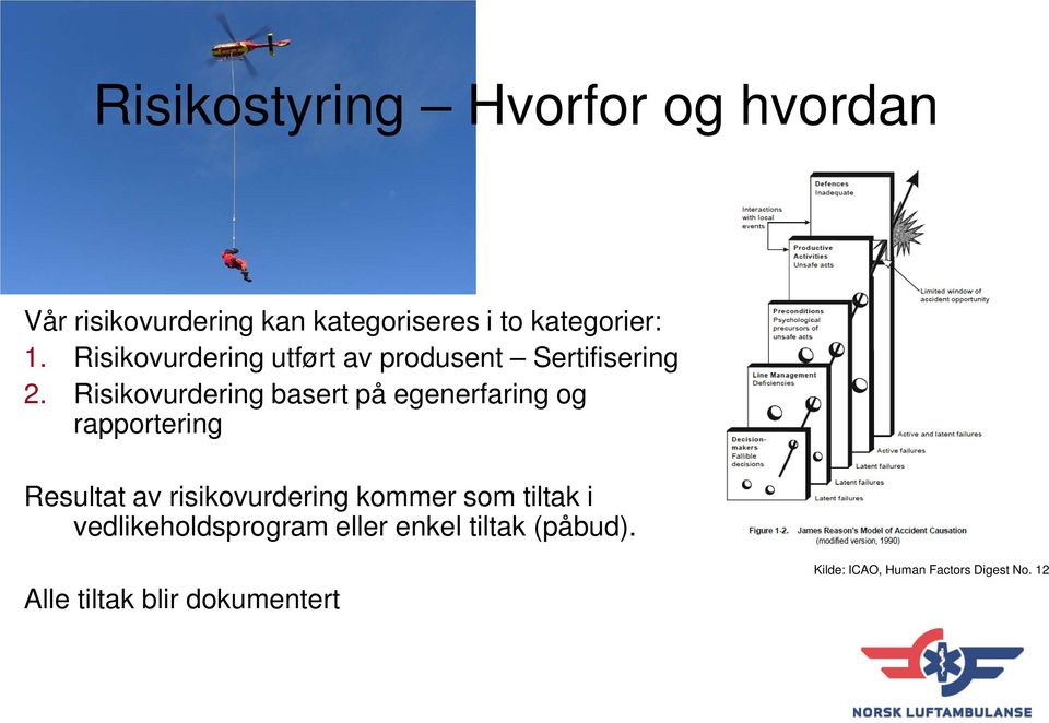 Risikovurdering basert på egenerfaring og rapportering Resultat av risikovurdering kommer