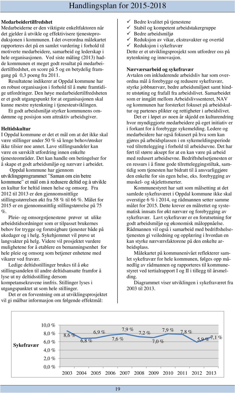 Ved siste måling (2013) hadde kommunen et meget godt resultat på medarbeidertilfredshet, en score på 5 og en betydelig framgang på 0,3 poeng fra 2011.