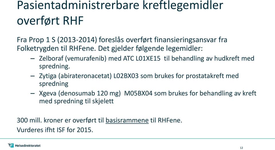 Det gjelder følgende legemidler: Zelboraf (vemurafenib) med ATC L01XE15 til behandling av hudkreft med spredning.