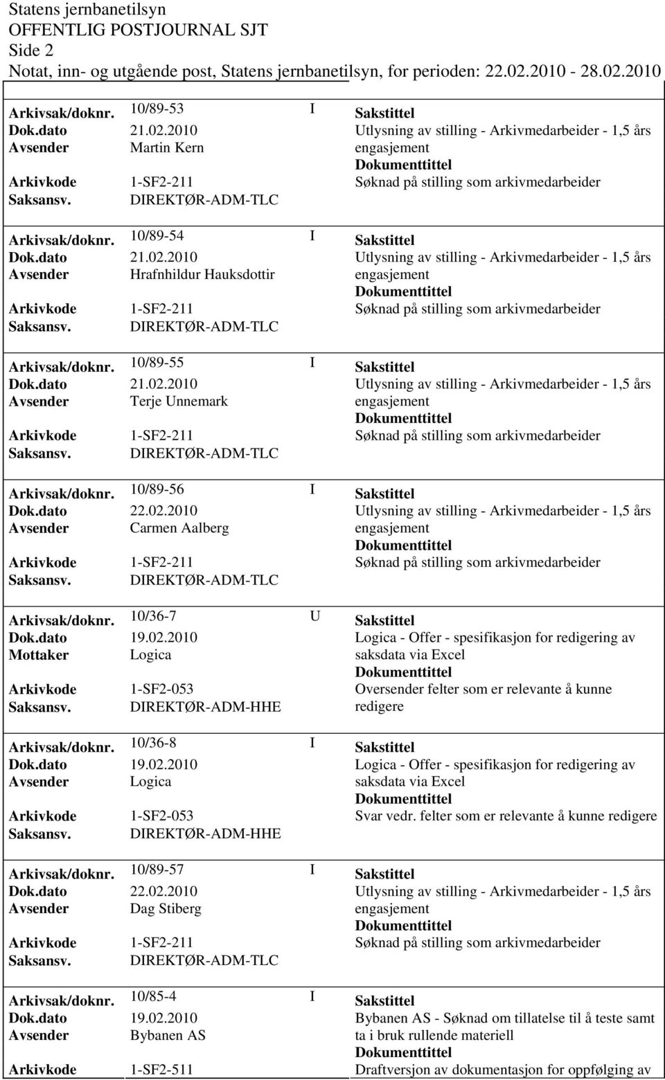 10/36-7 U Sakstittel Logica - Offer - spesifikasjon for redigering av Mottaker Logica saksdata via Excel Arkivkode 1-SF2-053 Oversender felter som er relevante å kunne Saksansv.