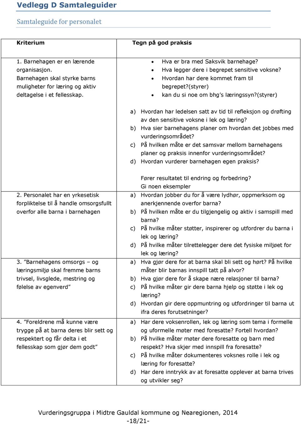 Hvordan har dere kommet fram til begrepet?(styrer) kan du si noe om bhg s læringssyn?(styrer) a) Hvordan har ledelsen satt av tid til refleksjon og drøfting av den sensitive voksne i lek og læring?