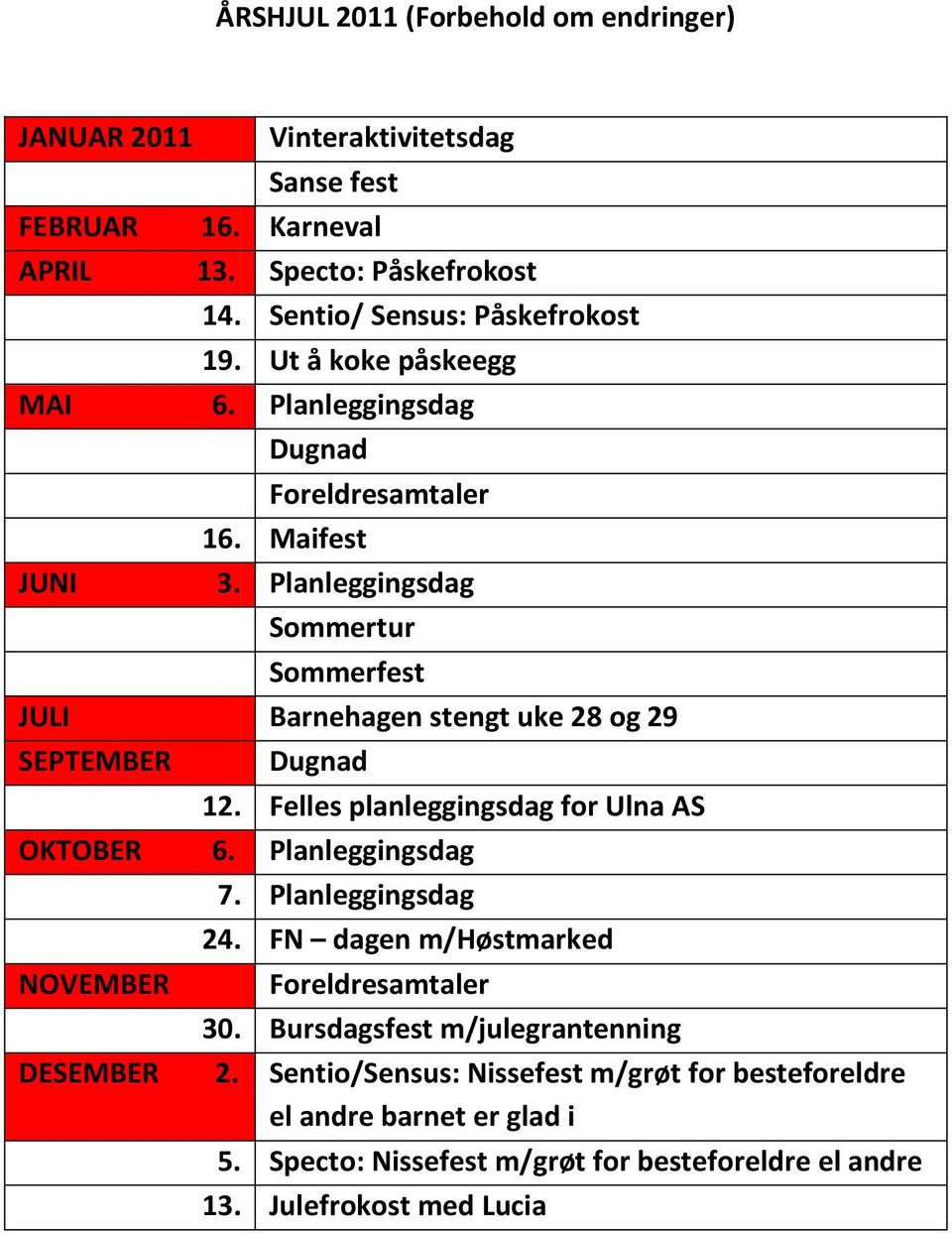 Planleggingsdag Sommertur Sommerfest JULI Barnehagen stengt uke 28 og 29 SEPTEMBER Dugnad 12. Felles planleggingsdag for Ulna AS OKTOBER 6. Planleggingsdag NOVEMBER 7.