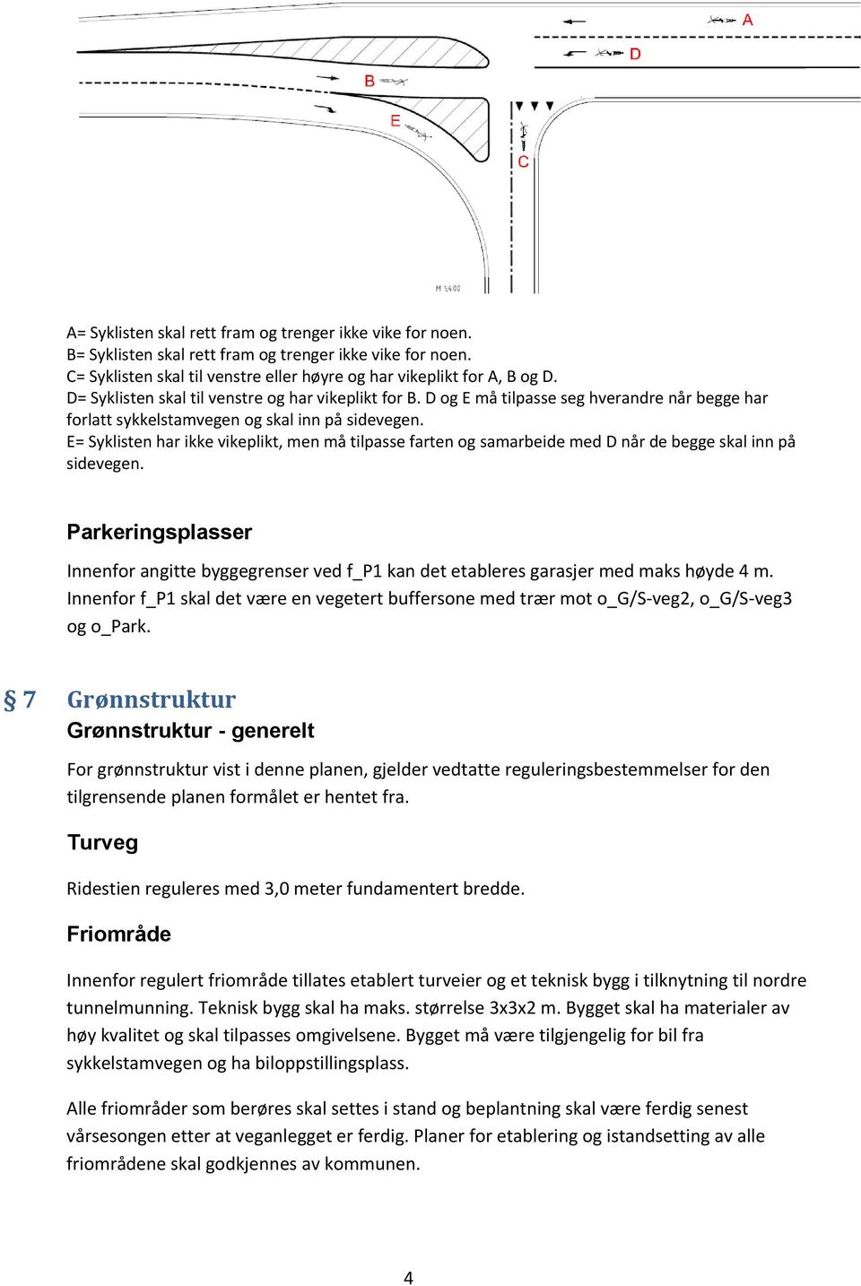 E= Syklisten har ikke vikeplikt, men må tilpasse farten og samarbeide med D når de begge skal inn på sidevegen.