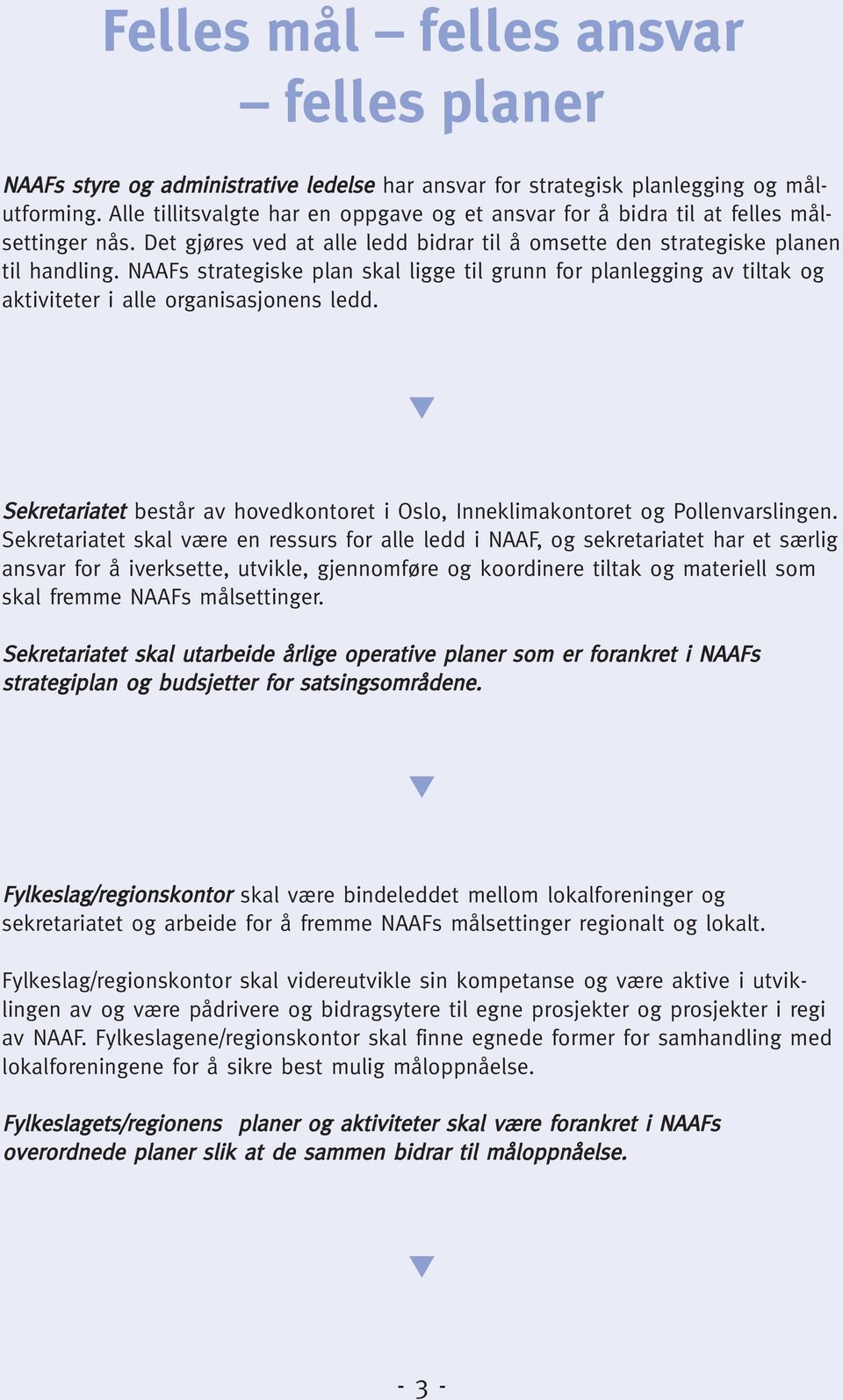 NAAFs strategiske plan skal ligge til grunn for planlegging av tiltak og aktiviteter i alle organisasjonens ledd. Sekretariatet består av hovedkontoret i Oslo, kontoret og Pollenvarslingen.