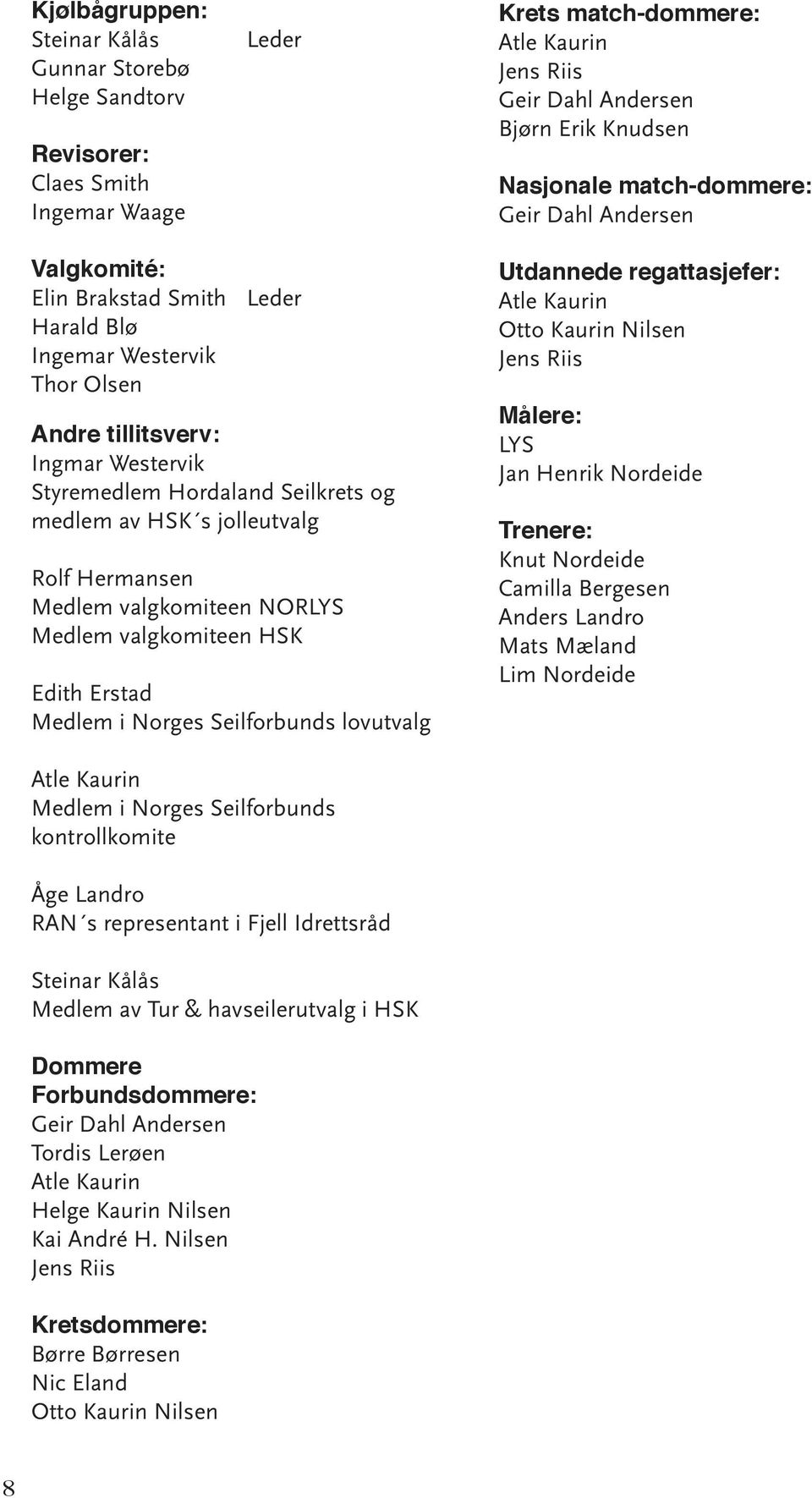 jolleutvalg Rolf Hermansen Medlem valgkomiteen NORLYS Medlem valgkomiteen HSK Edith Erstad Medlem i Norges Seilforbunds lovutvalg Utdannede regattasjefer: Atle Kaurin Otto Kaurin Nilsen Jens Riis