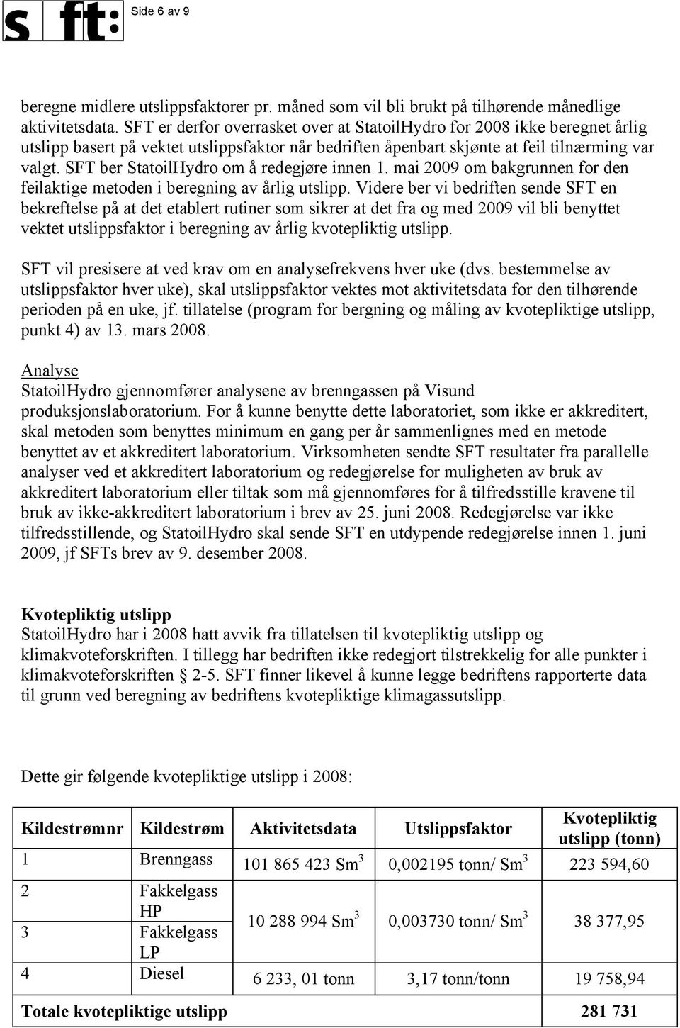 SFT ber StatoilHydro om å redegjøre innen 1. mai 2009 om bakgrunnen for den feilaktige metoden i beregning av årlig utslipp.