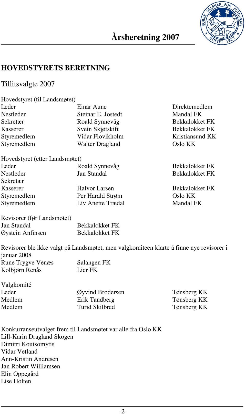 Landsmøtet) Leder Roald Synnevåg Bekkalokket FK Nestleder Jan Standal Bekkalokket FK Sekretær Kasserer Halvor Larsen Bekkalokket FK Styremedlem Per Harald Strøm Oslo KK Styremedlem Liv Anette Trædal