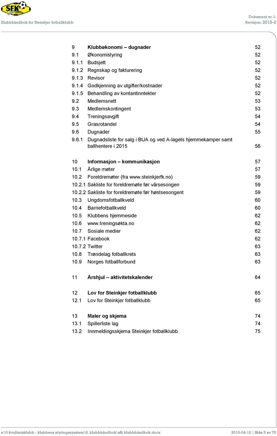 Dugnader 55 9.6.1 Dugnadsliste for salg i BUA og ved A-lagets hjemmekamper samt ballhentere i 2015 56 10 Informasjon kommunikasjon 57 10.1 Årlige møter 57 10.2 Foreldremøter (fra www.steinkjerfk.