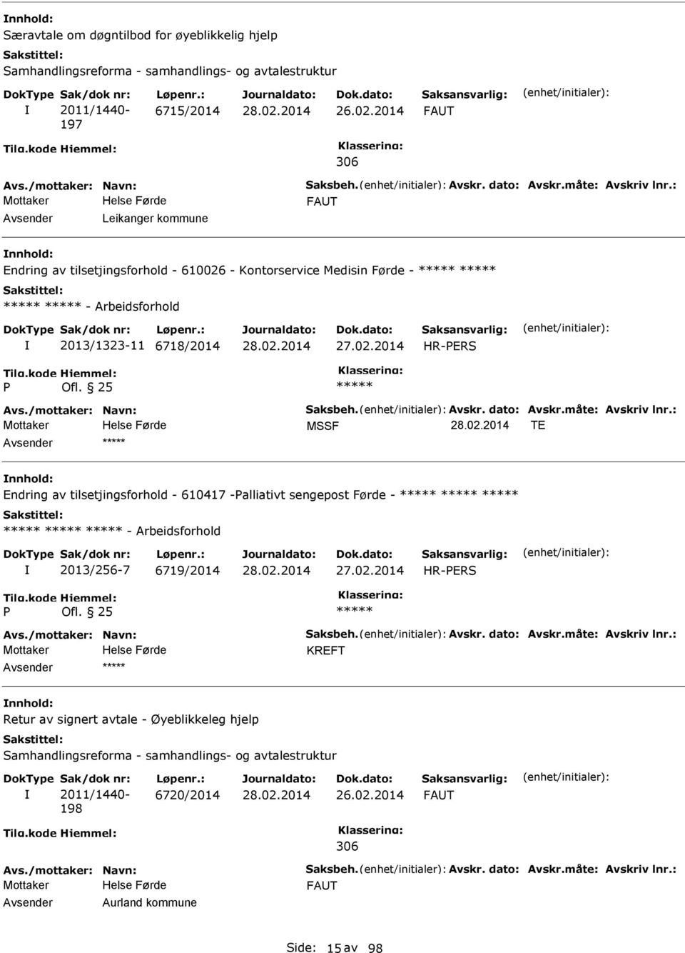 25 Avs./mottaker: Navn: Saksbeh. Avskr. dato: Avskr.måte: Avskriv lnr.: MSSF TE Endring av tilsetjingsforhold - 610417 -alliativt sengepost Førde - - Arbeidsforhold 2013/256-7 6719/2014 27.02.