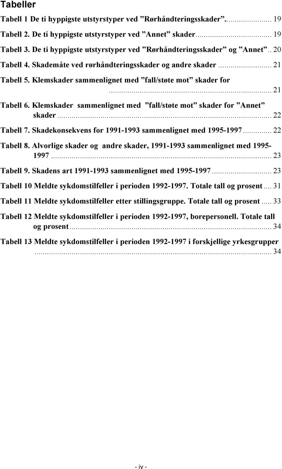 .. 21 Tabell 6. Klemskader sammenlignet med fall/støte mot skader for Annet skader... 22 Tabell 7. Skadekonsekvens for 1991-1993 sammenlignet med 1995-1997... 22 Tabell 8.