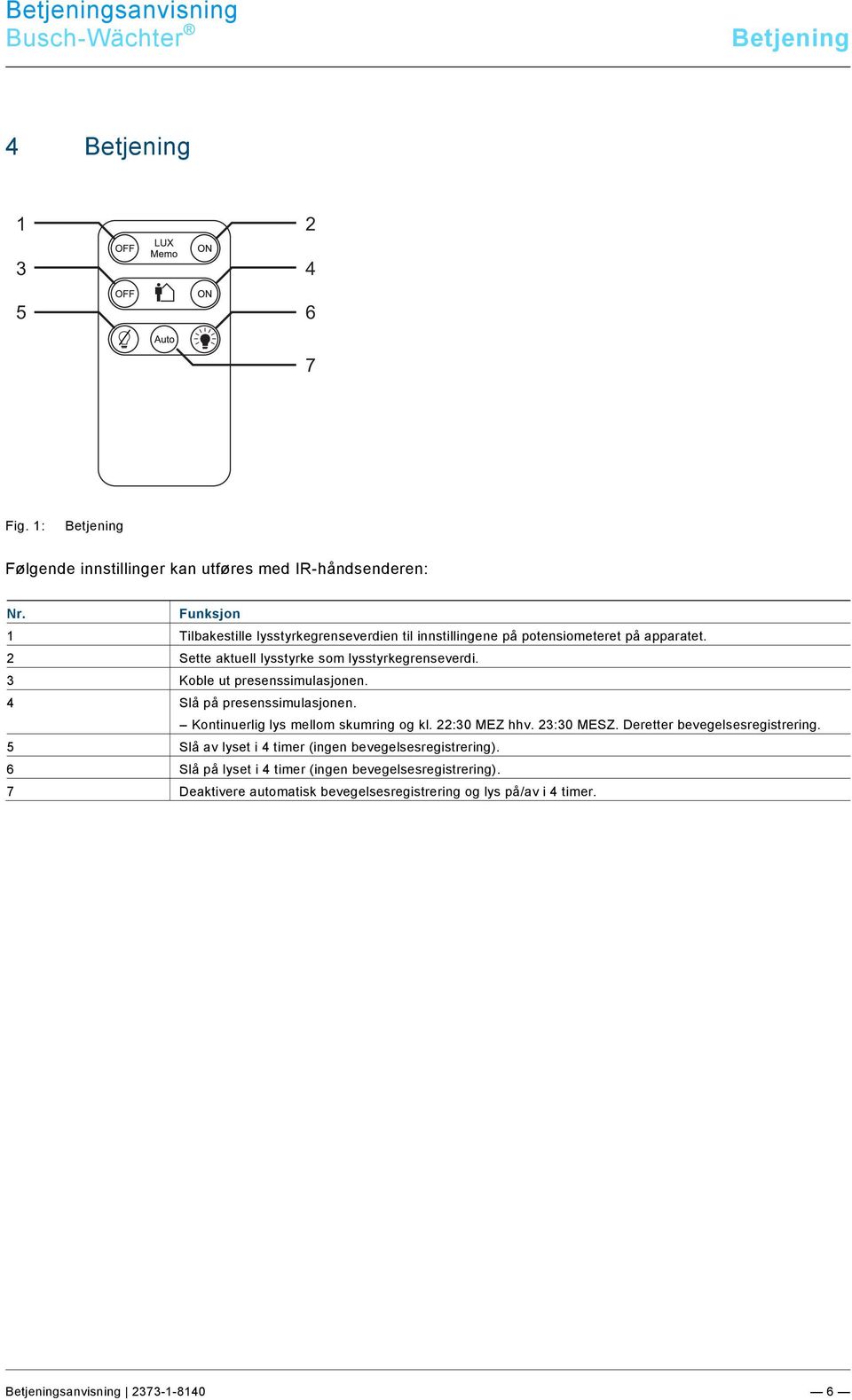 Ebene/A - F/Bedienung @ 11\mod_1279185541649_150251.docx @ 157830 @ 212222222 @ 1 4 Betjening 1 3 5 2 4 6 7 Fig. 1: Betjening Følgende innstillinger kan utføres med IR-håndsenderen: Nr.