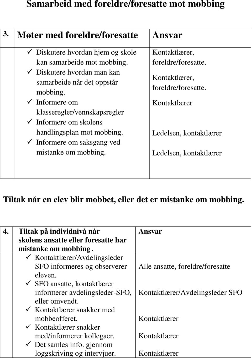 , foreldre/foresatte., foreldre/foresatte. Ledelsen, kontaktlærer Ledelsen, kontaktlærer Tiltak når en elev blir mobbet, eller det er mistanke om mobbing. 4.