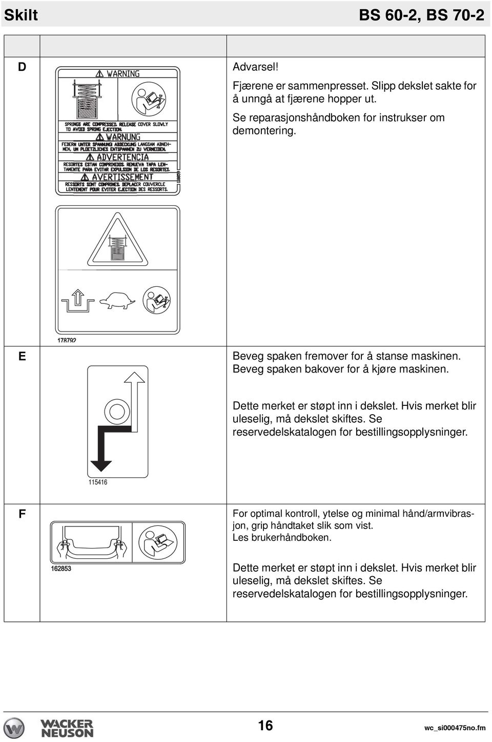 Dette merket er støpt inn i dekslet. Hvis merket blir uleselig, må dekslet skiftes. Se reservedelskatalogen for bestillingsopplysninger.