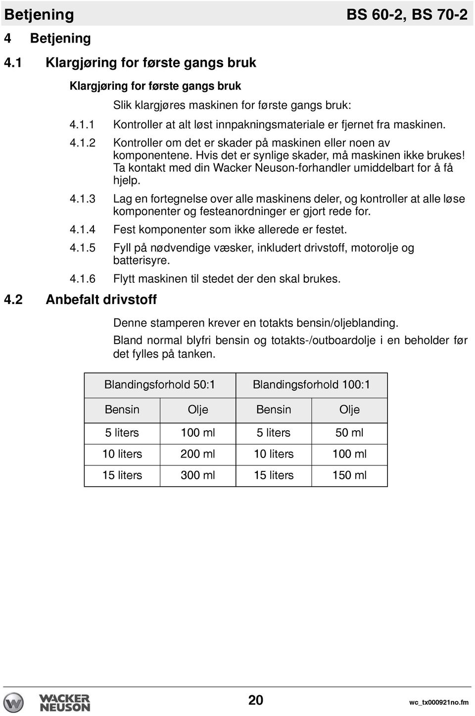 4.1.3 Lag en fortegnelse over alle maskinens deler, og kontroller at alle løse komponenter og festeanordninger er gjort rede for. 4.1.4 Fest komponenter som ikke allerede er festet. 4.1.5 Fyll på nødvendige væsker, inkludert drivstoff, motorolje og batterisyre.