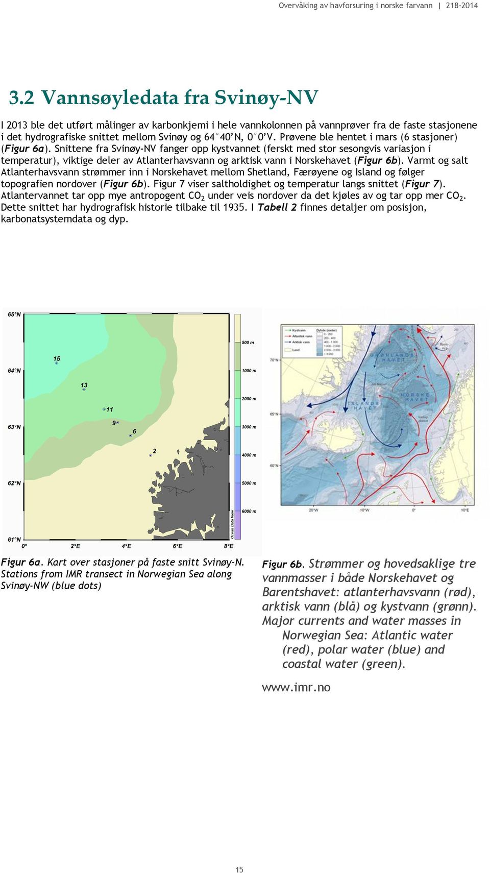 Snittene fra Svinøy-NV fanger opp kystvannet (ferskt med stor sesongvis variasjon i temperatur), viktige deler av Atlanterhavsvann og arktisk vann i Norskehavet (Figur 6b).