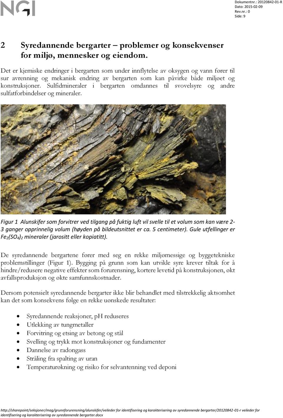 Sulfidmineraler i bergarten omdannes til svovelsyre og andre sulfatforbindelser og mineraler.