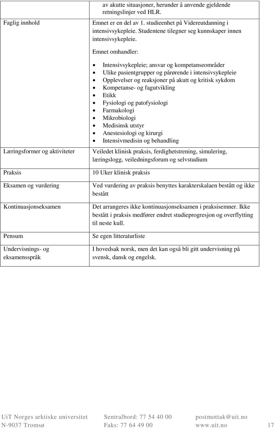 Emnet omhandler: Læringsformer og aktiviteter Praksis Eksamen og vurdering Kontinuasjonseksamen Pensum Undervisnings- og eksamensspråk Intensivsykepleie; ansvar og kompetanseområder Ulike